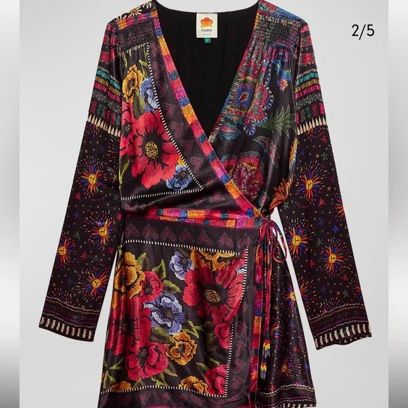 💥SOLD💥Farm Rio Black Mixed Scarves Mini Dress - Picture 1 of 6